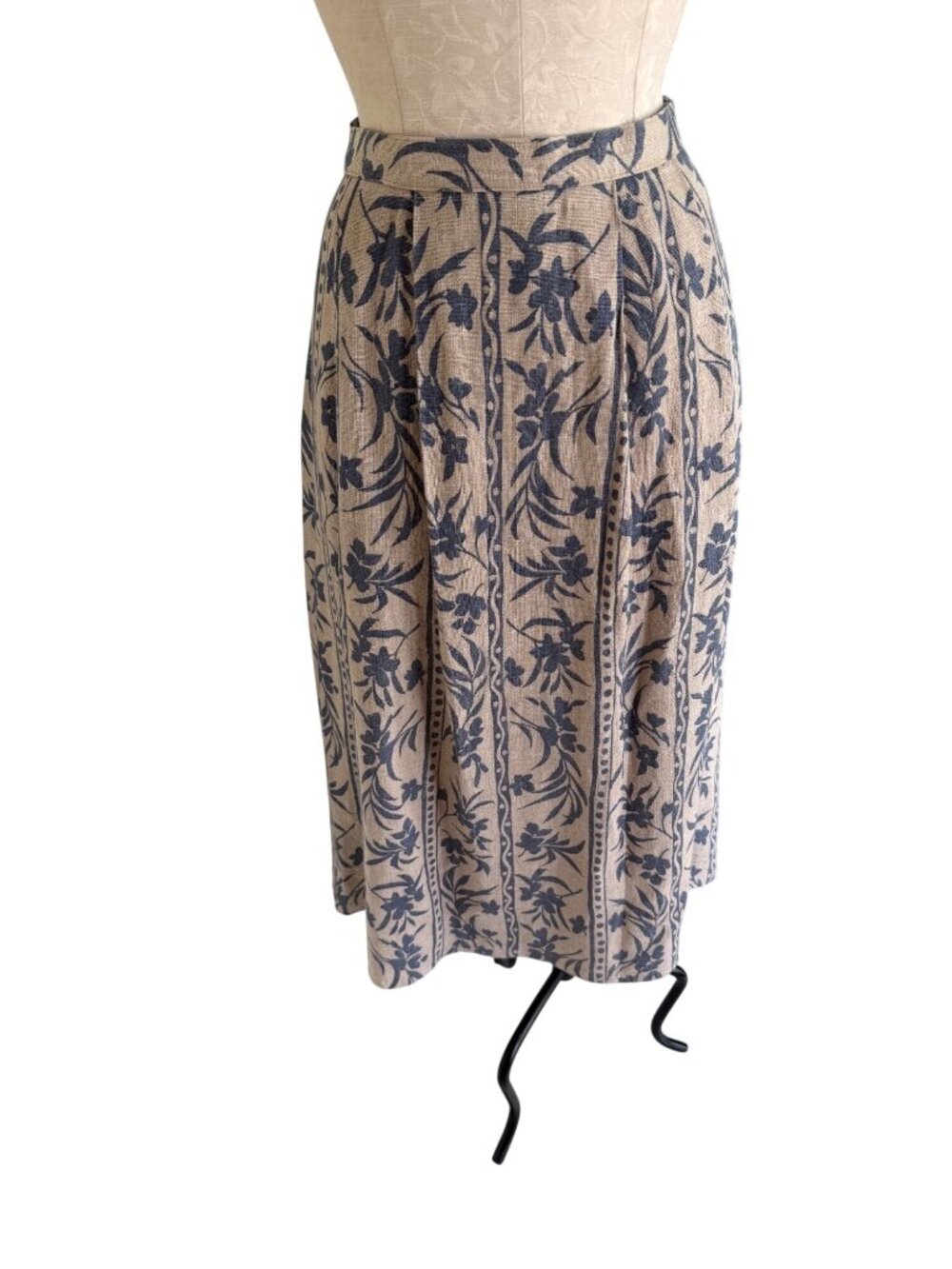 Vintage Womens Pleated Lined Midi Skirt Size L Beige Blue Floral Linen Casual